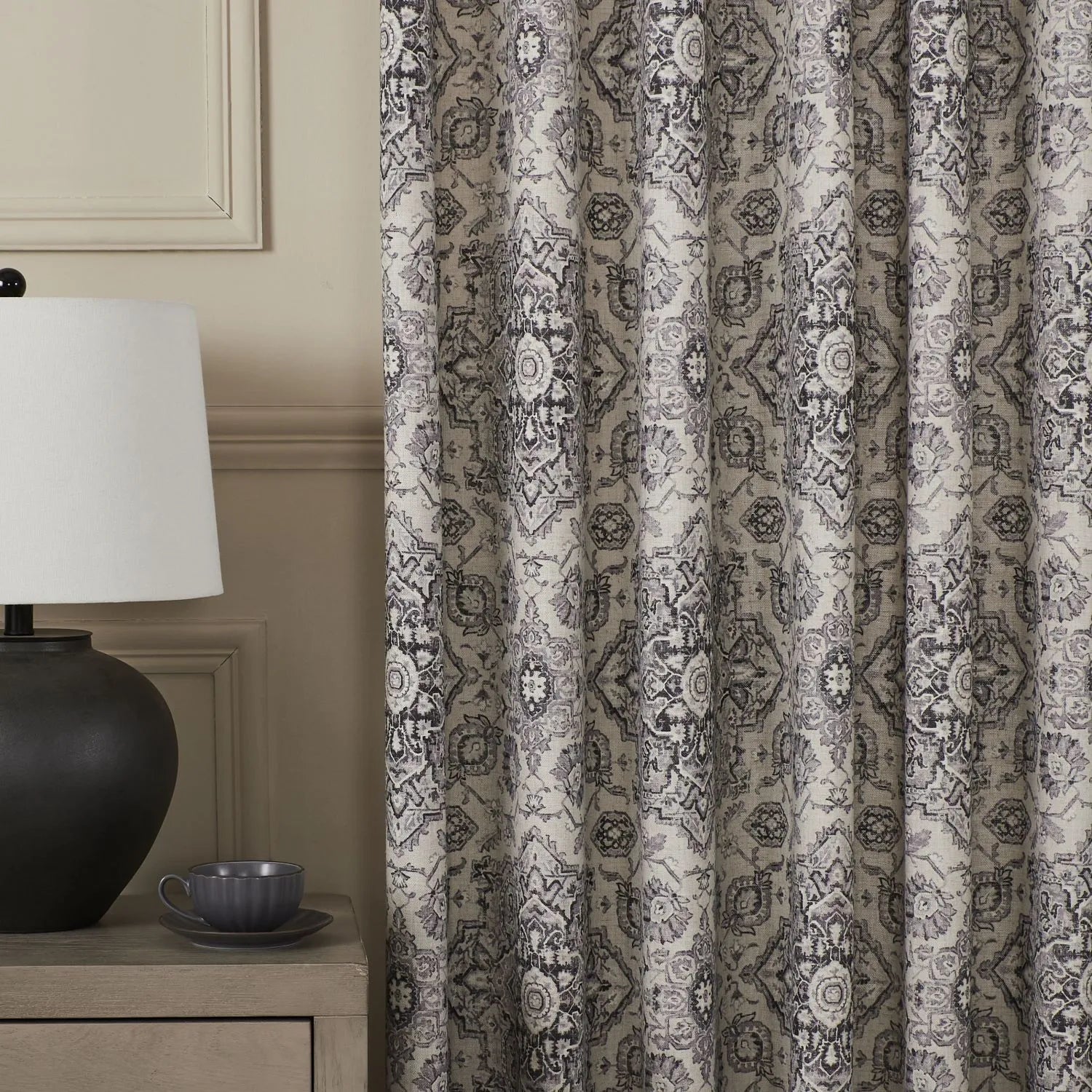 French Style Printed Linen Curtains grey blue Rossa-3