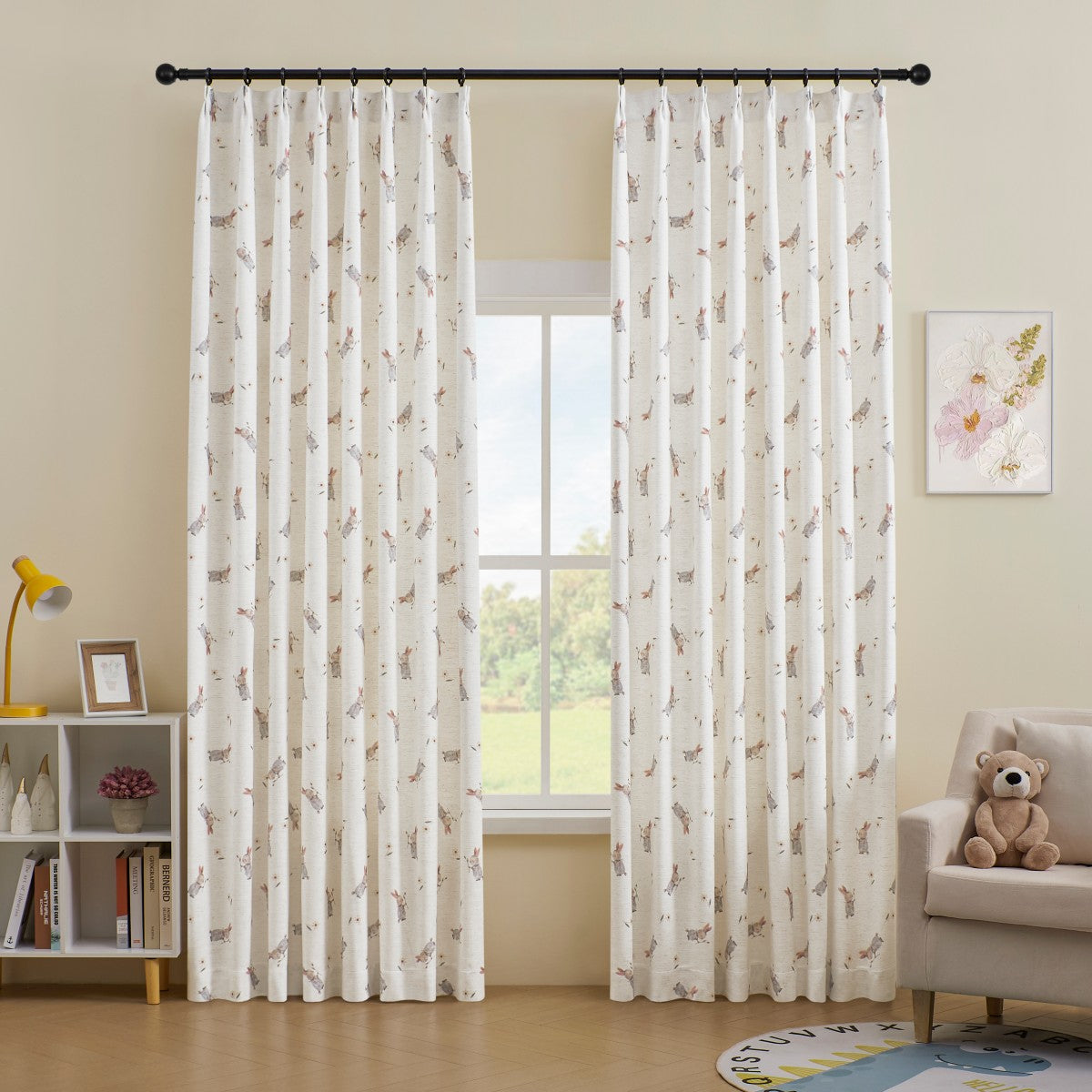 Natural White-Fairy Tale Bunny With Roses Printed Curtains-Felice (1)