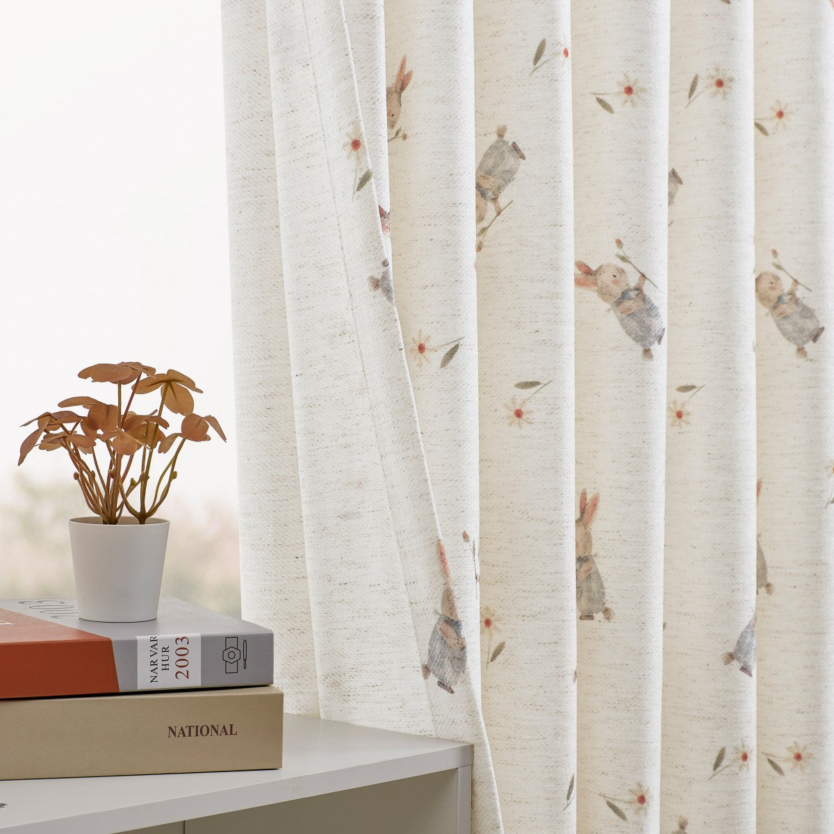 Natural White-Fairy Tale Bunny With Roses Printed Curtains-Felice (4)