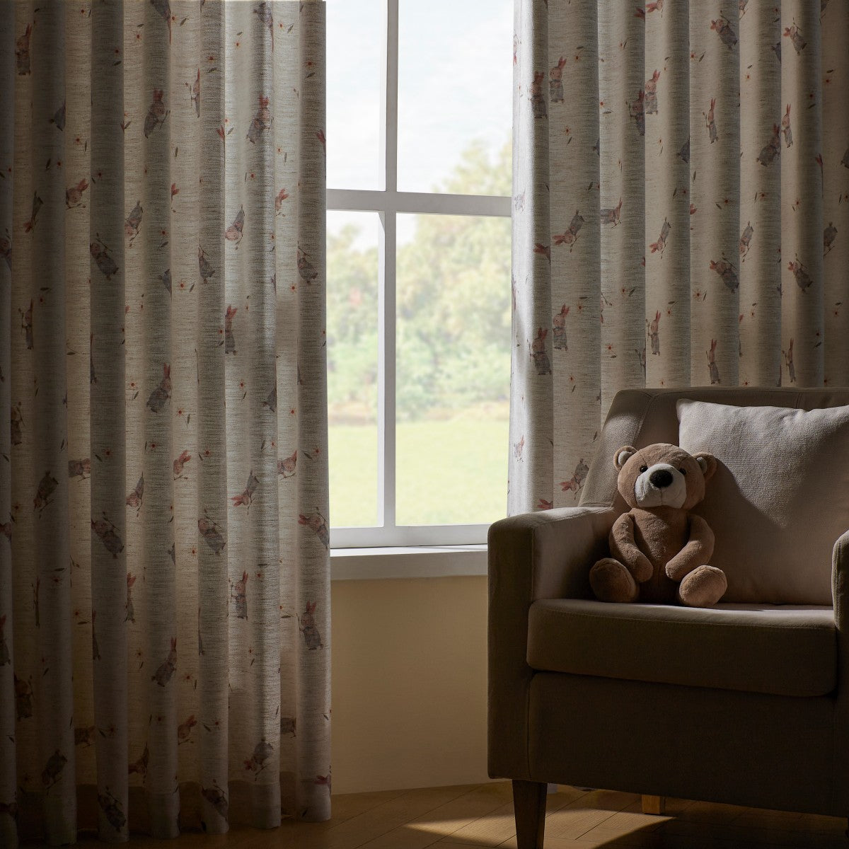 Natural White-Fairy Tale Bunny With Roses Printed Curtains-Felice (5)