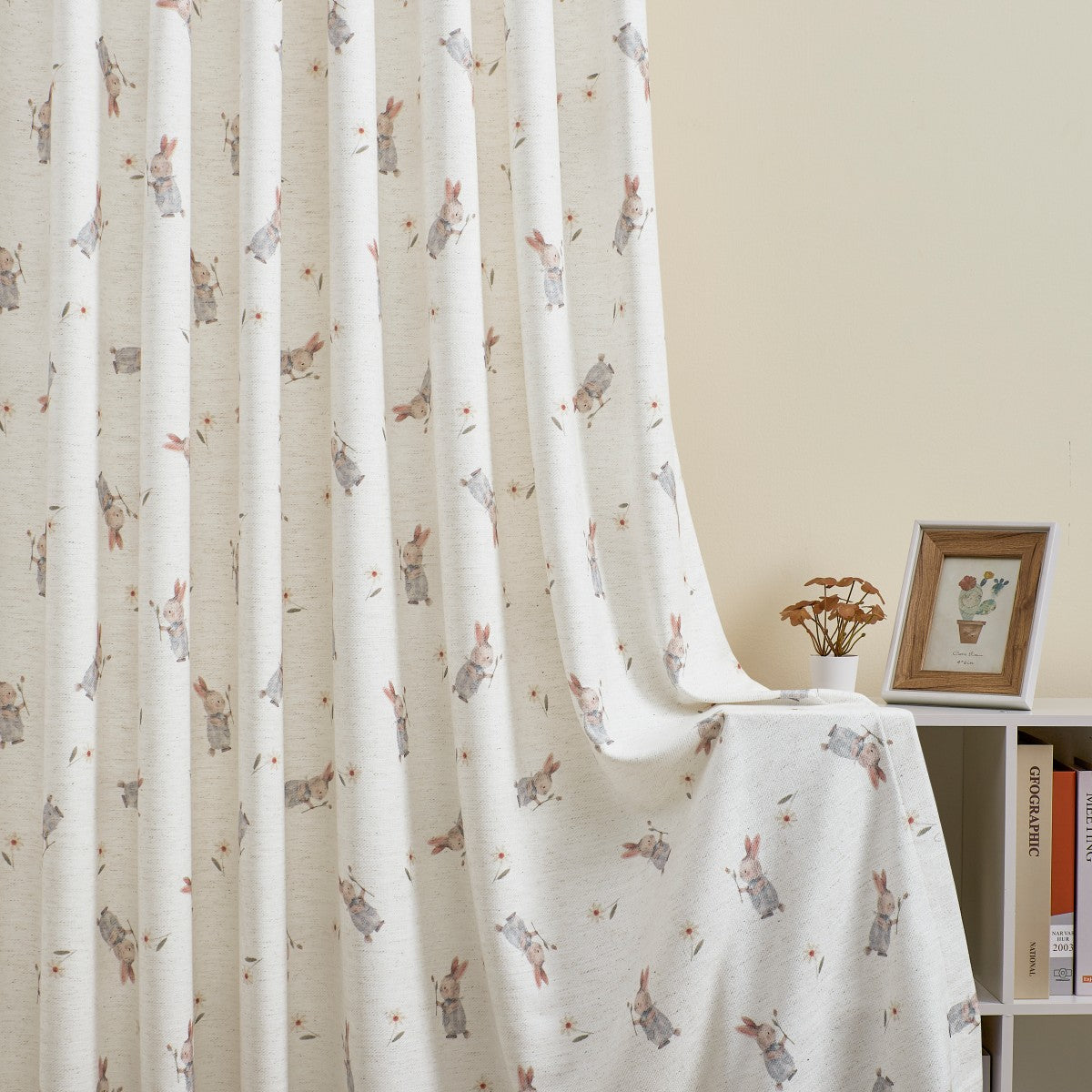Natural White-Fairy Tale Bunny With Roses Printed Curtains-Felice (6)