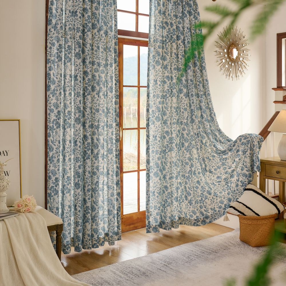 Lanka Blue & White Floral Printed Curtains