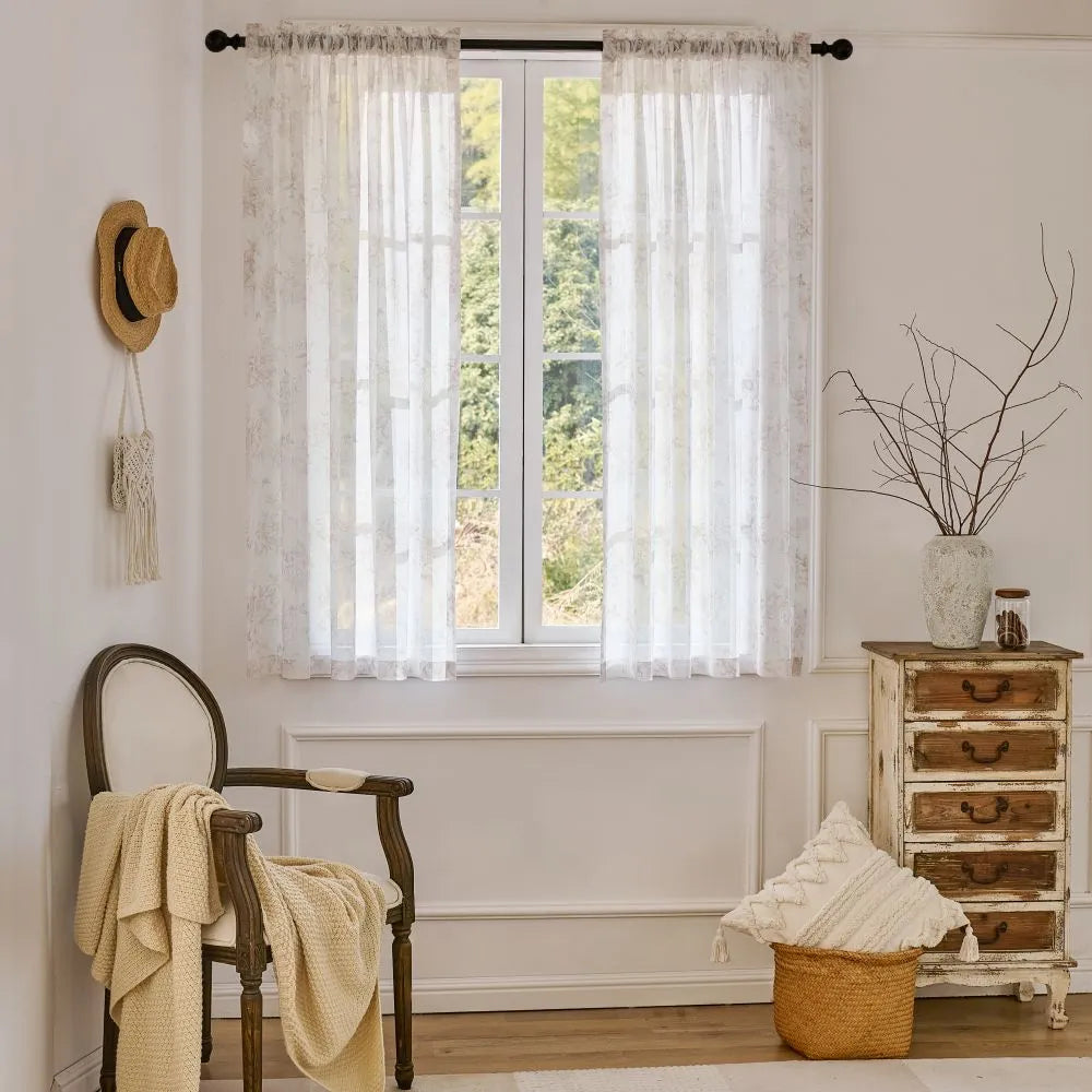 Greige Farmhouse Floral Toile Print Sheer Ivanna-1