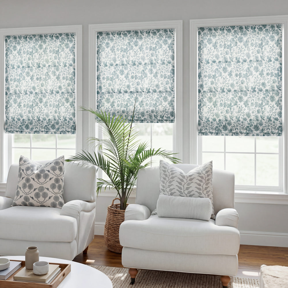 Lanka Blue Floral Roman Shade