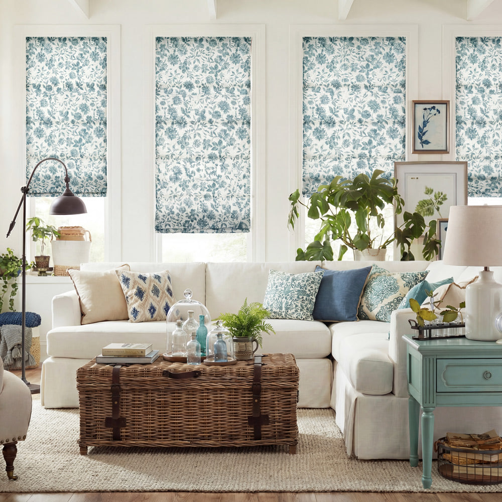 Lanka Blue Floral Roman Shade