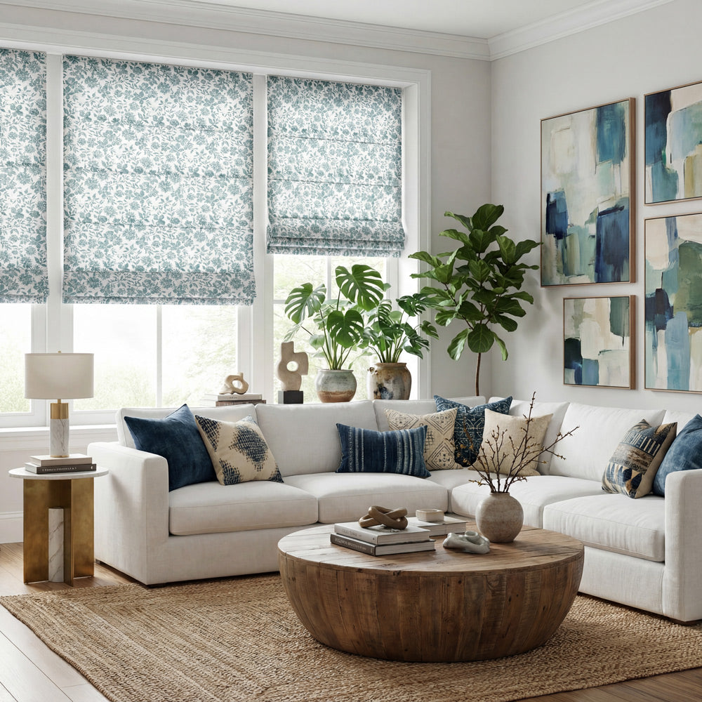 Lanka Blue Floral Roman Shade