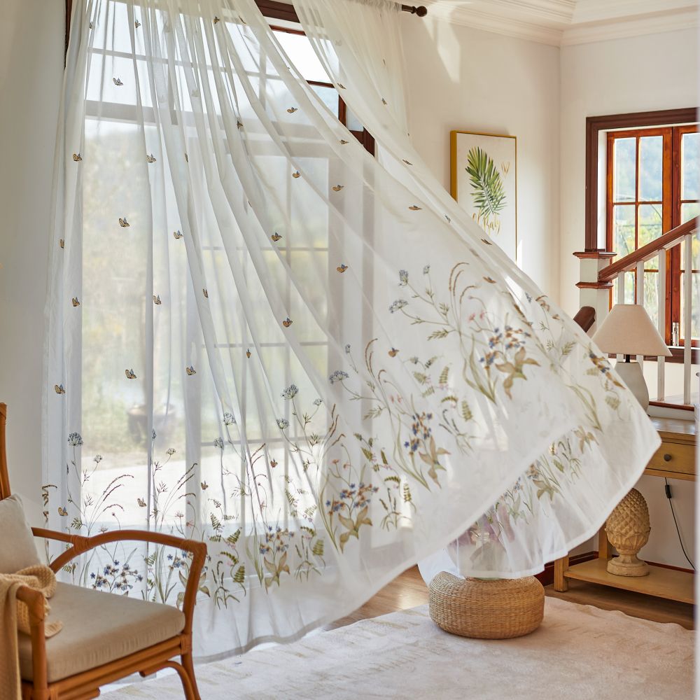 Sunny Floral Embroidered Sheer Curtains