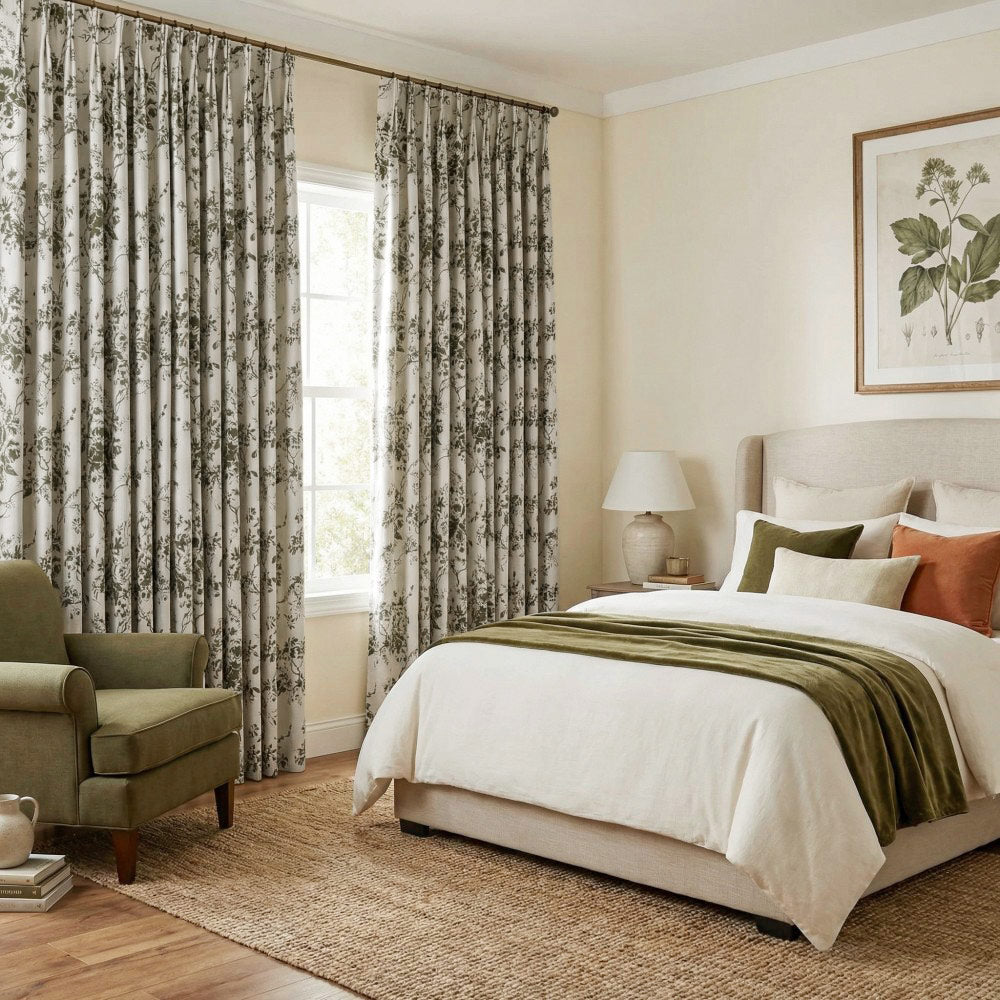 Alaina Green Flower Bloom Floral Curtains