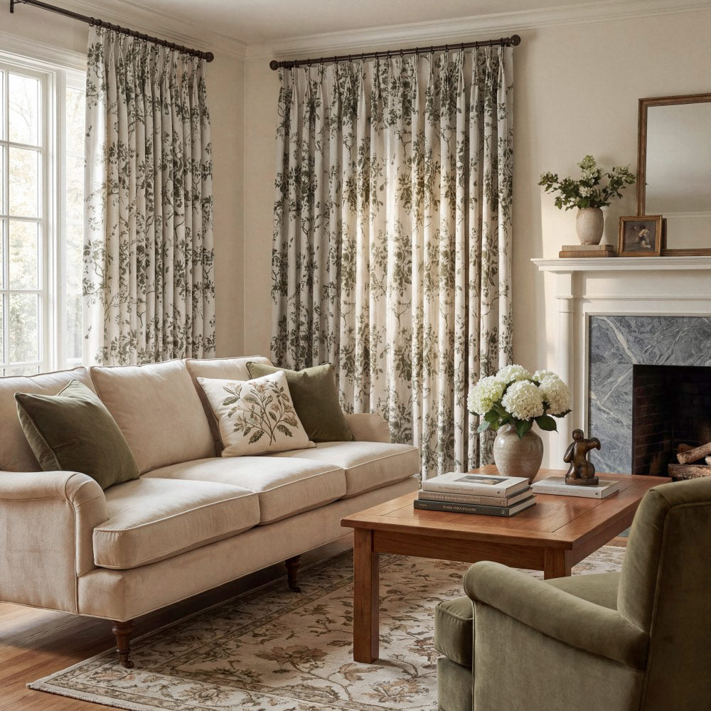 Alaina Green Flower Bloom Floral Curtains