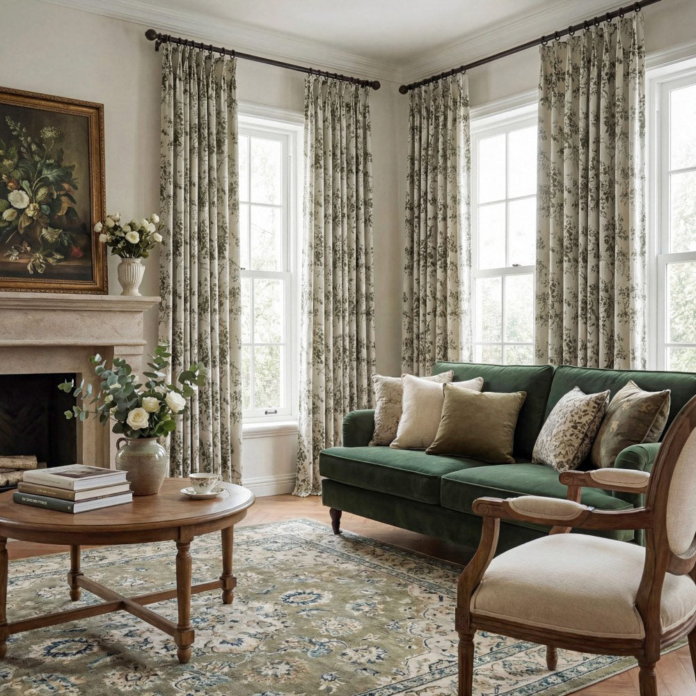 Alaina Green Flower Bloom Floral Curtains