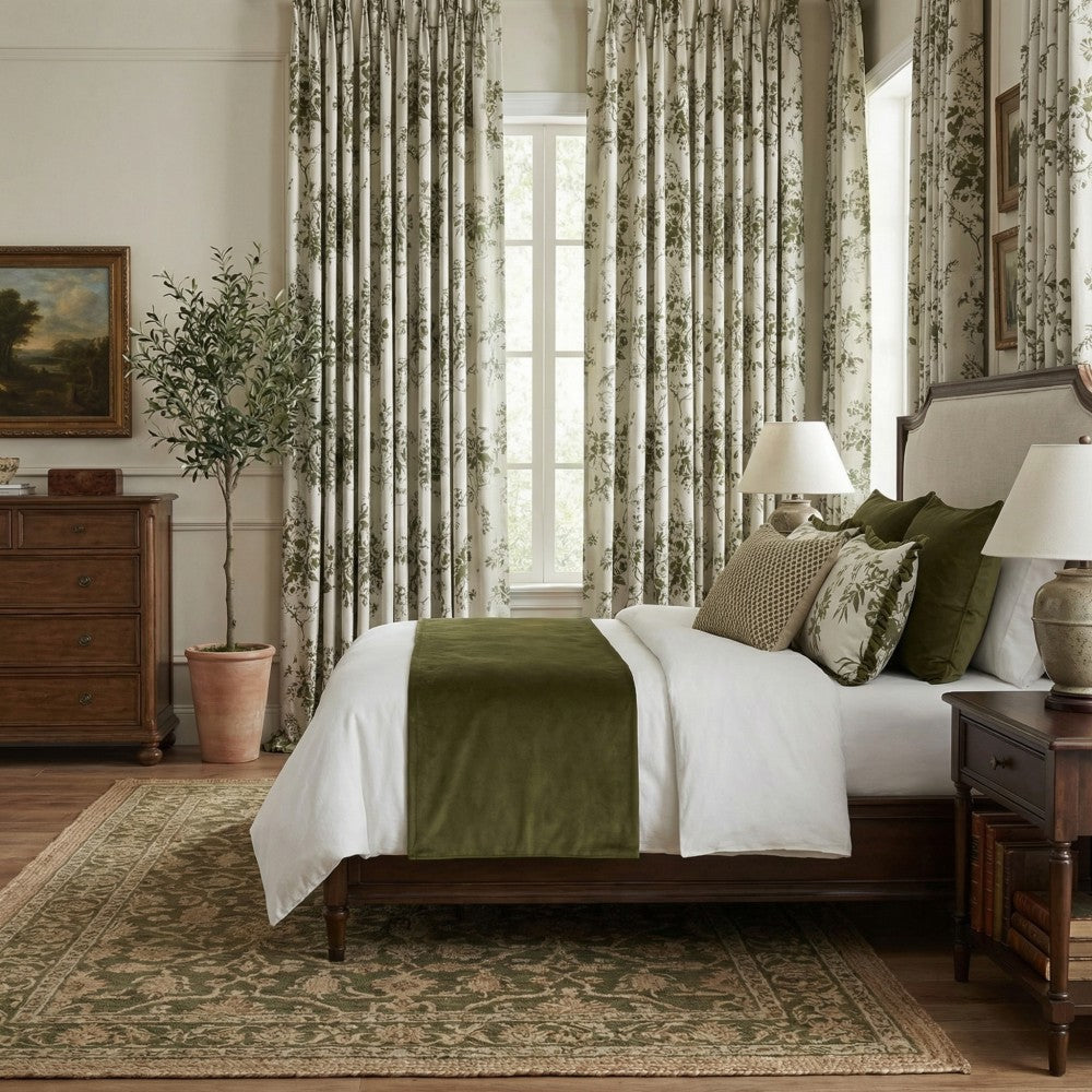 Alaina Green Flower Bloom Floral Curtains