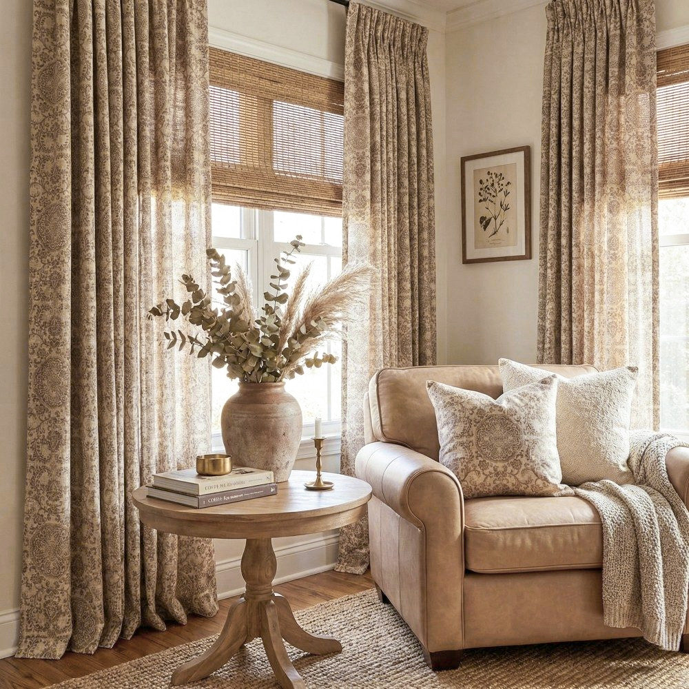Austin Beige Damask Linen Custom Curtains