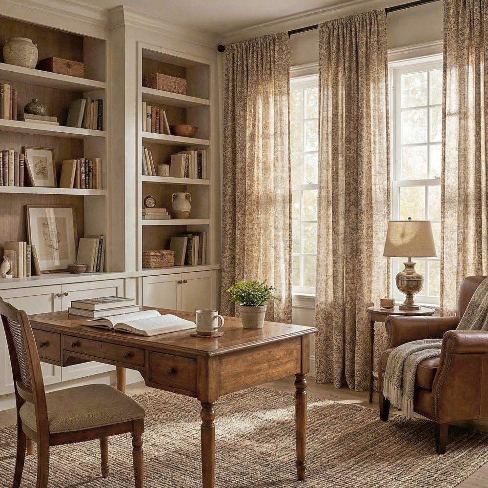 Austin Beige Damask Linen Custom Curtains