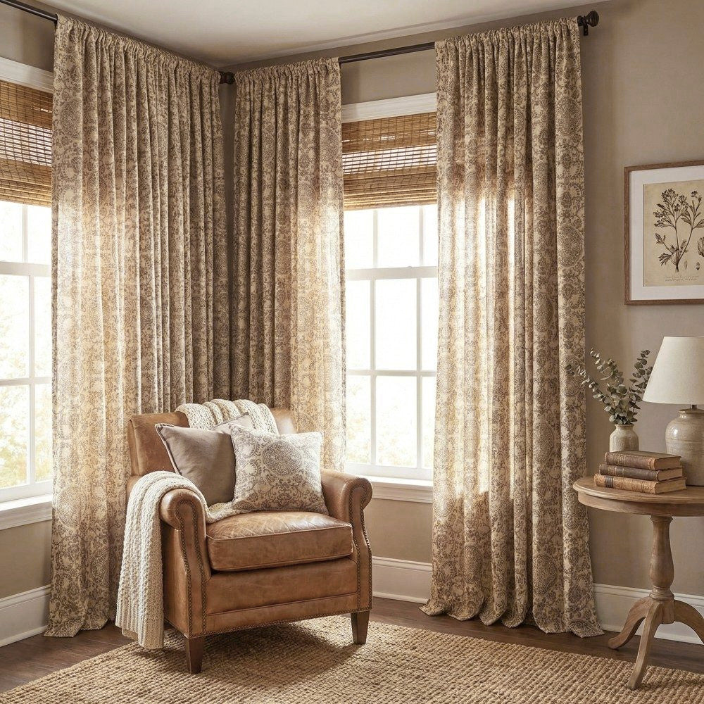 Austin Beige Damask Linen Custom Curtains