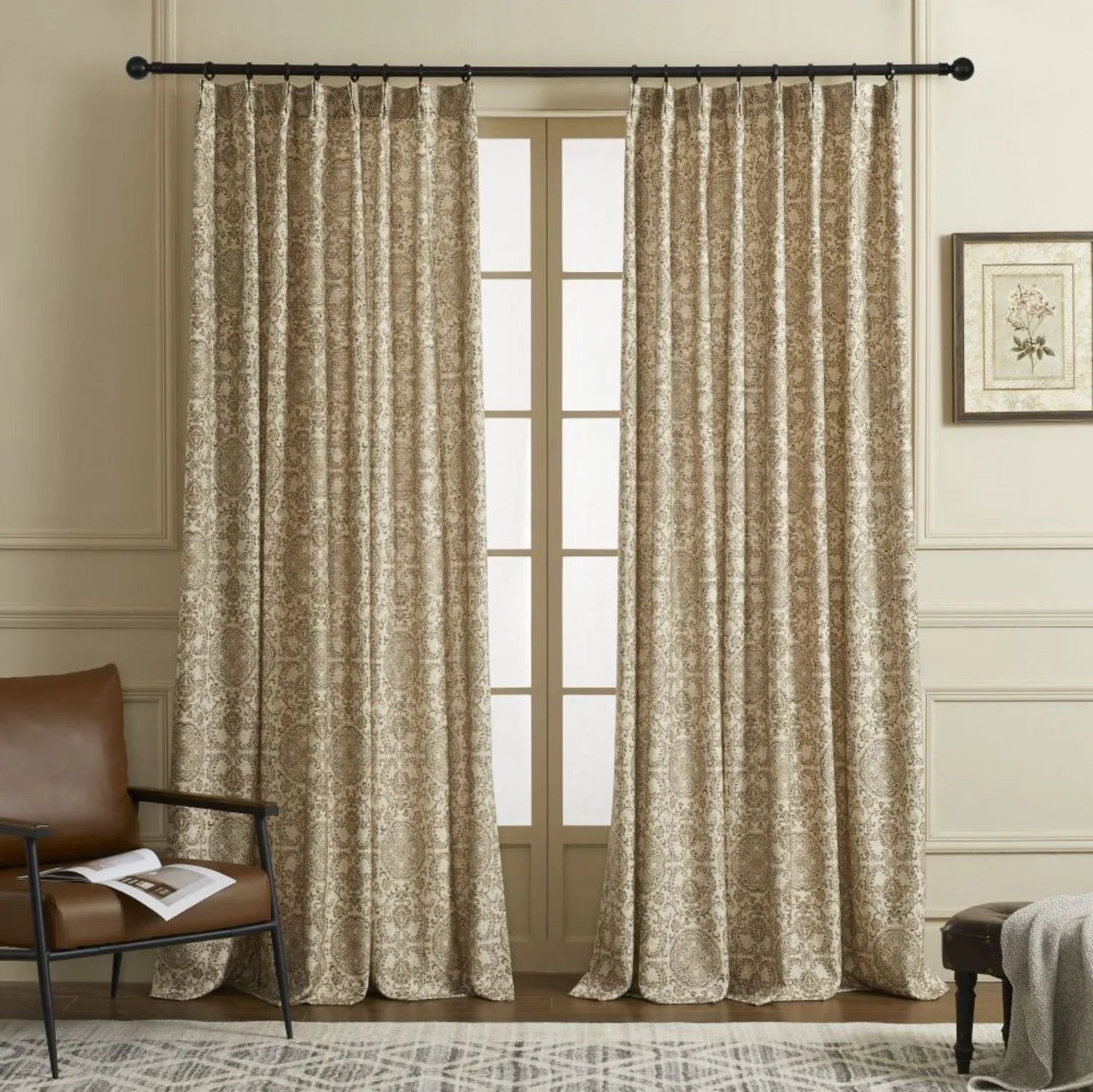 Austin Beige Damask Linen Custom Curtains