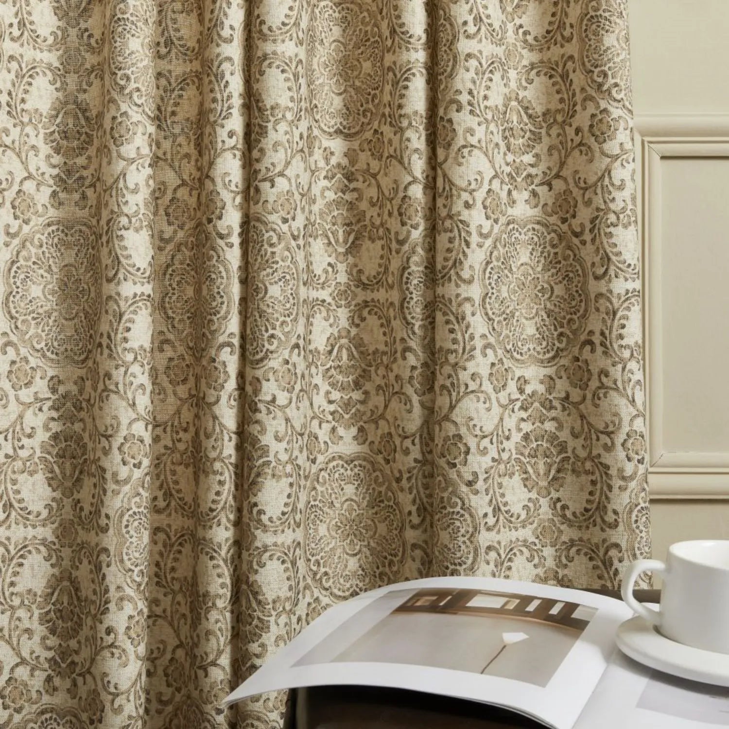 Austin Beige Damask Linen Custom Curtains