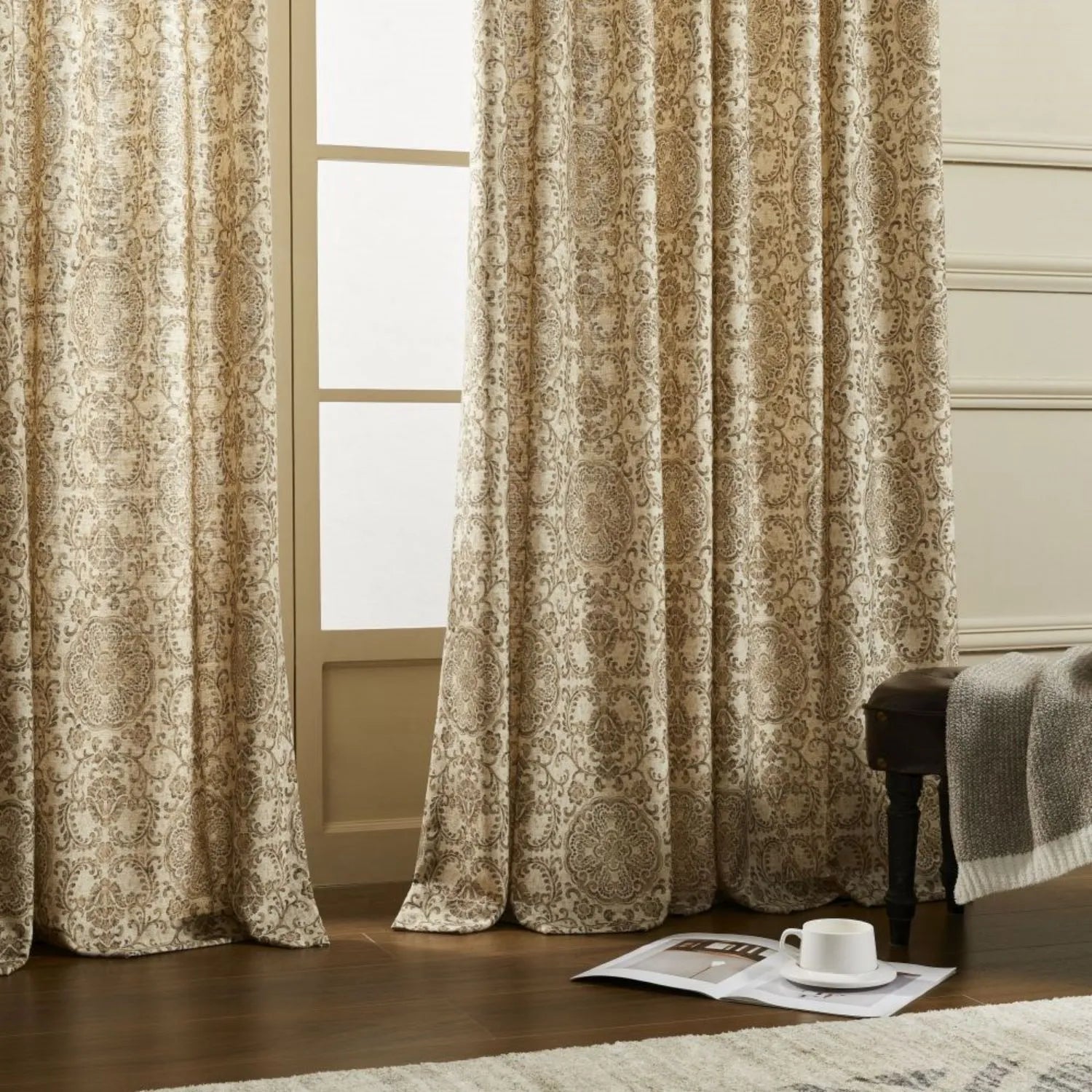 Austin Beige Damask Linen Custom Curtains