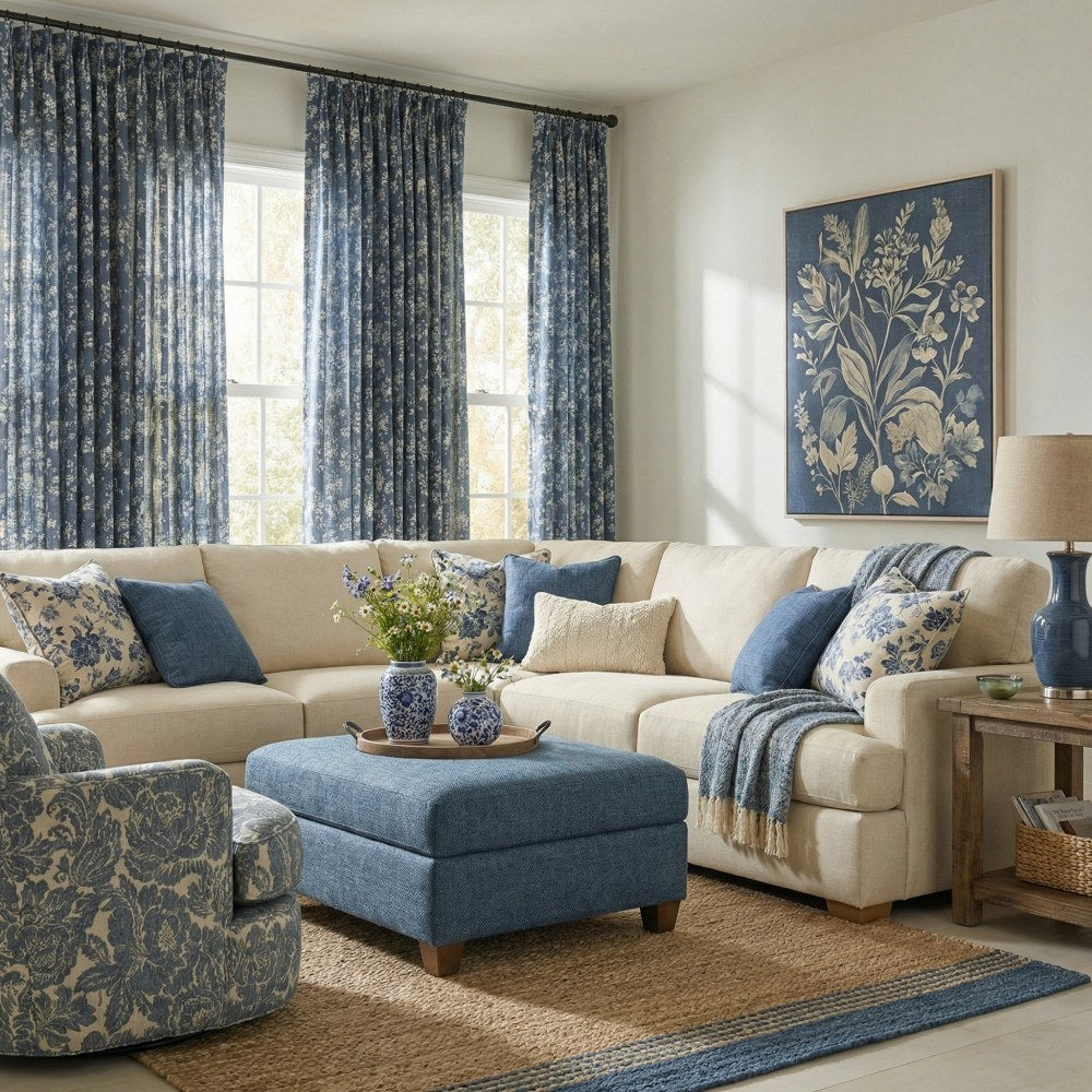 Bailey Vintage Navy Blue Floral Printed Curtains