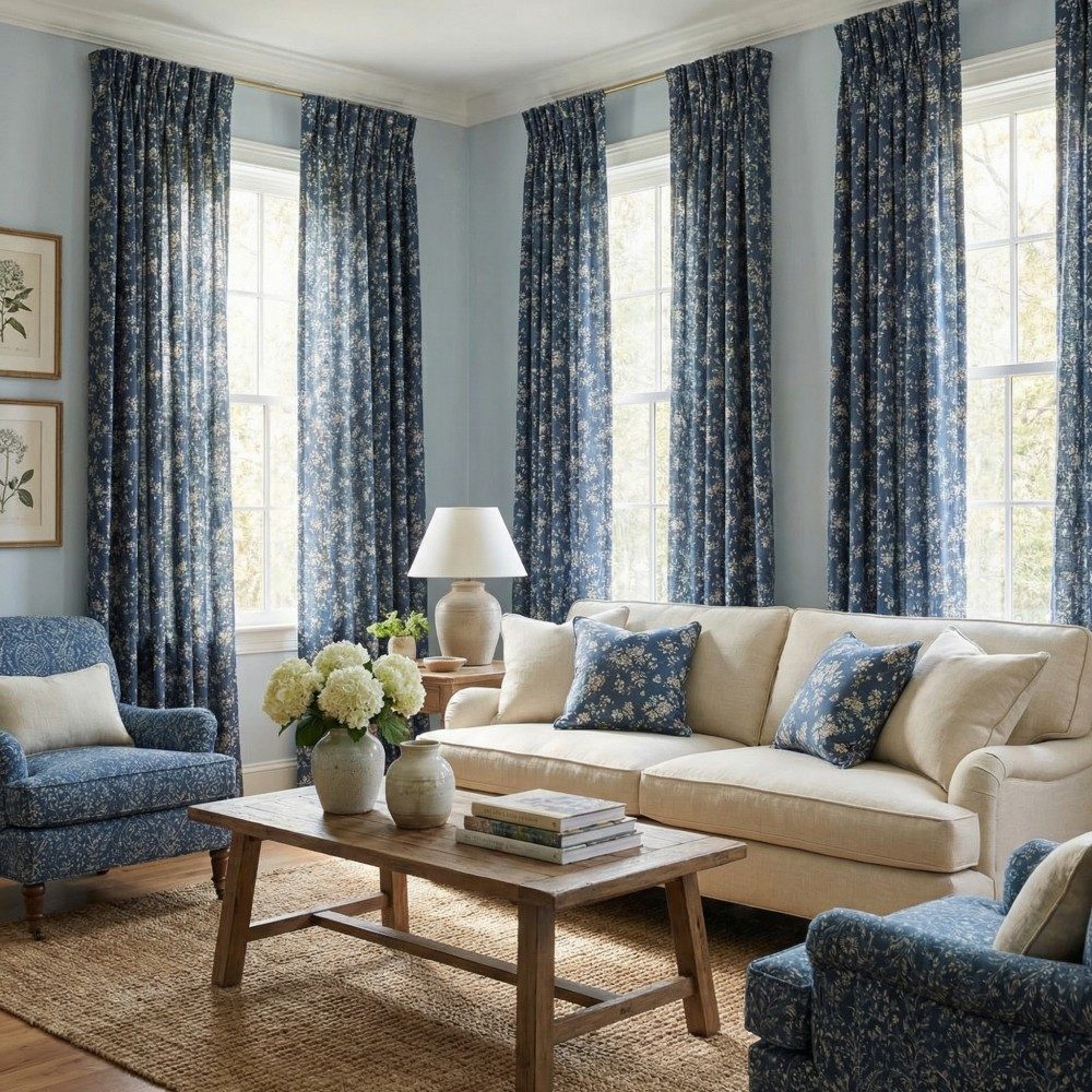 Bailey Vintage Navy Blue Floral Printed Curtains