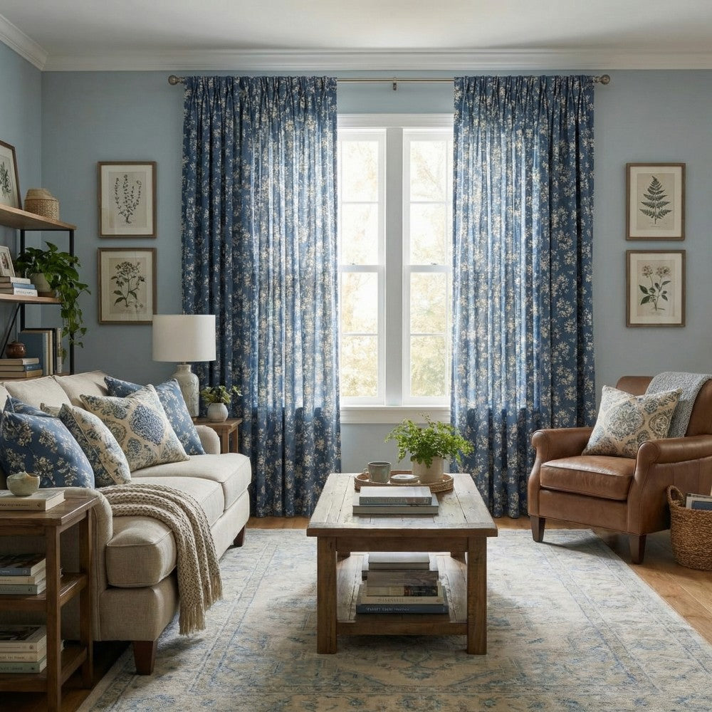 Bailey Vintage Navy Blue Floral Printed Curtains