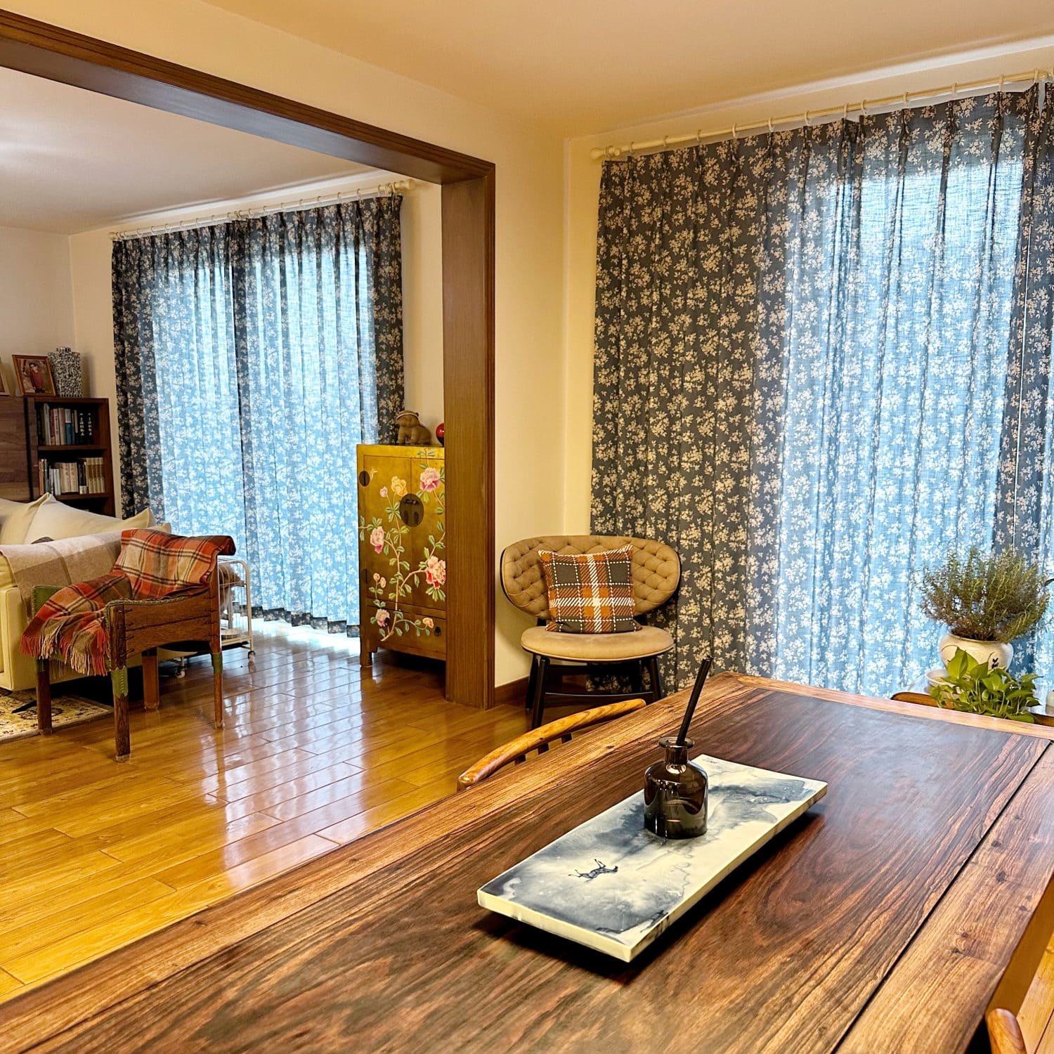 Bailey Vintage Navy Blue Floral Printed Curtains