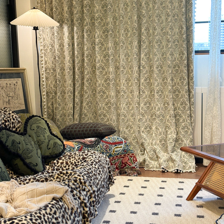 Bonnie Soft Green Velvet Damask Floral Curtains