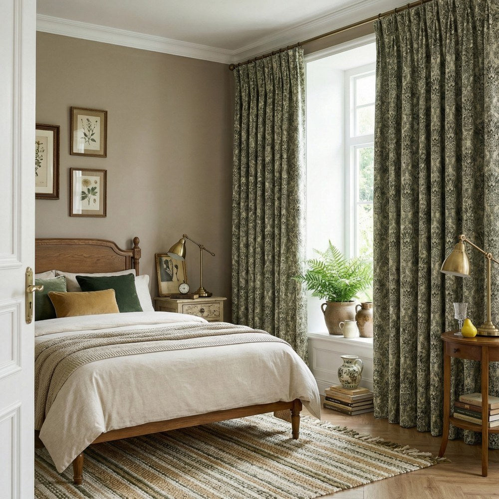 Bonnie Soft Green Velvet Damask Floral Curtains