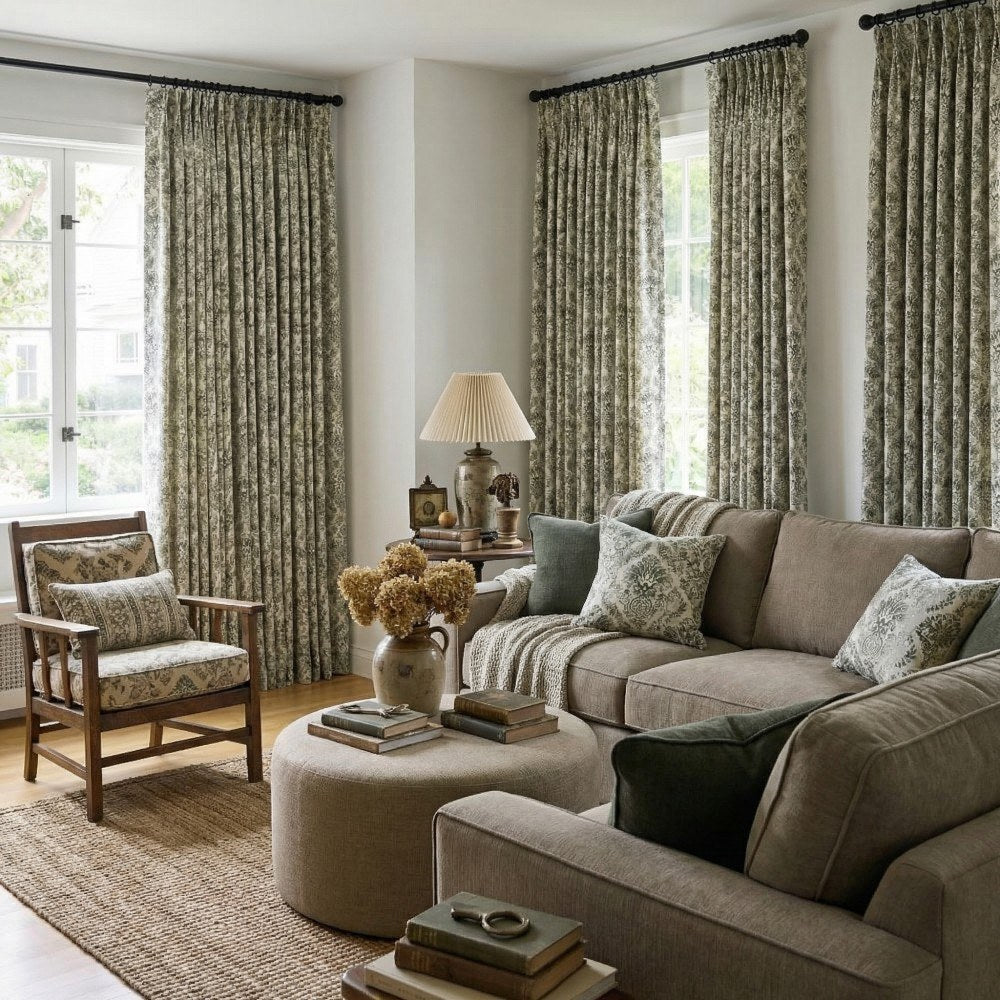 Bonnie Soft Green Velvet Damask Floral Curtains