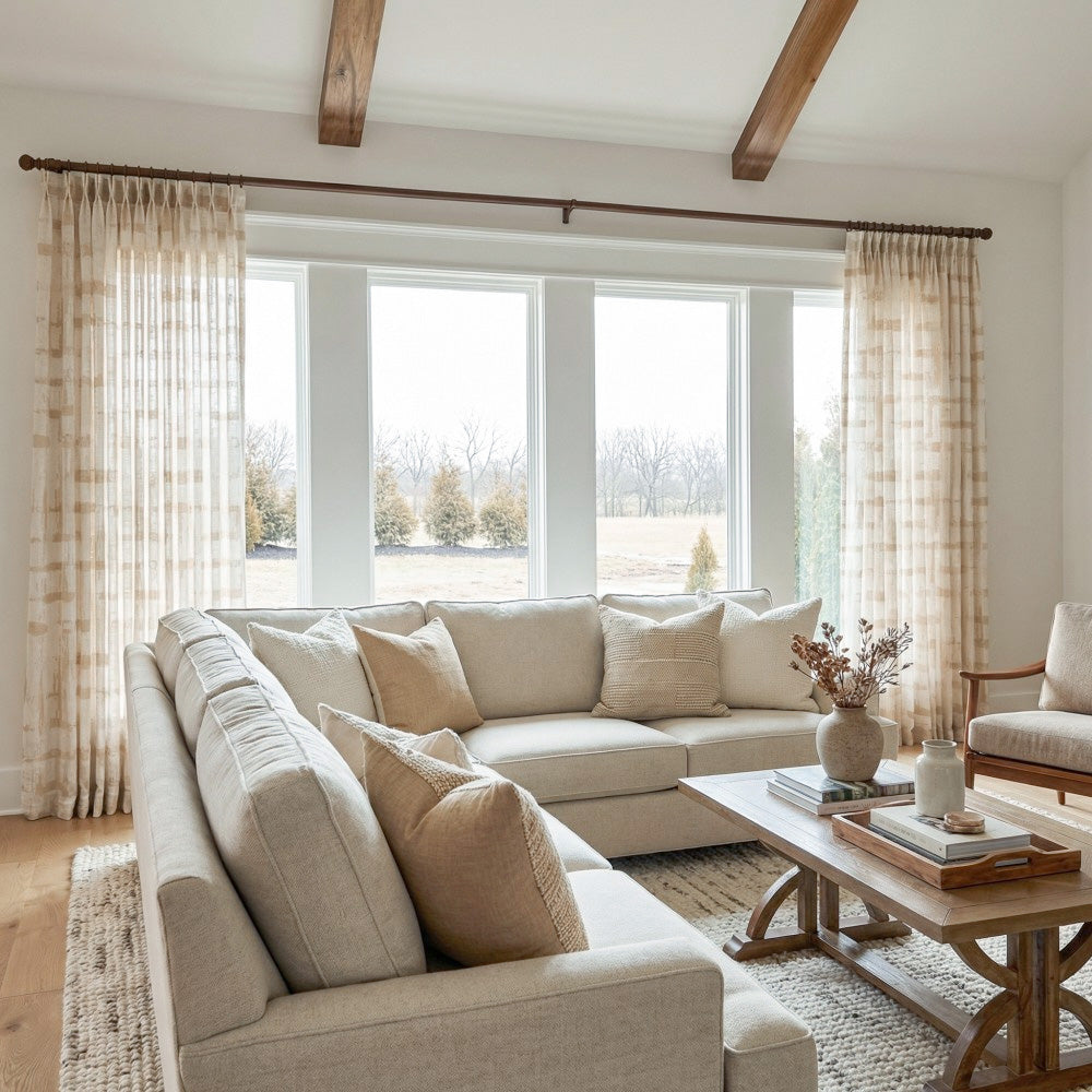 Chanda Beige Abstract Plaid Linen Sheer Curtains