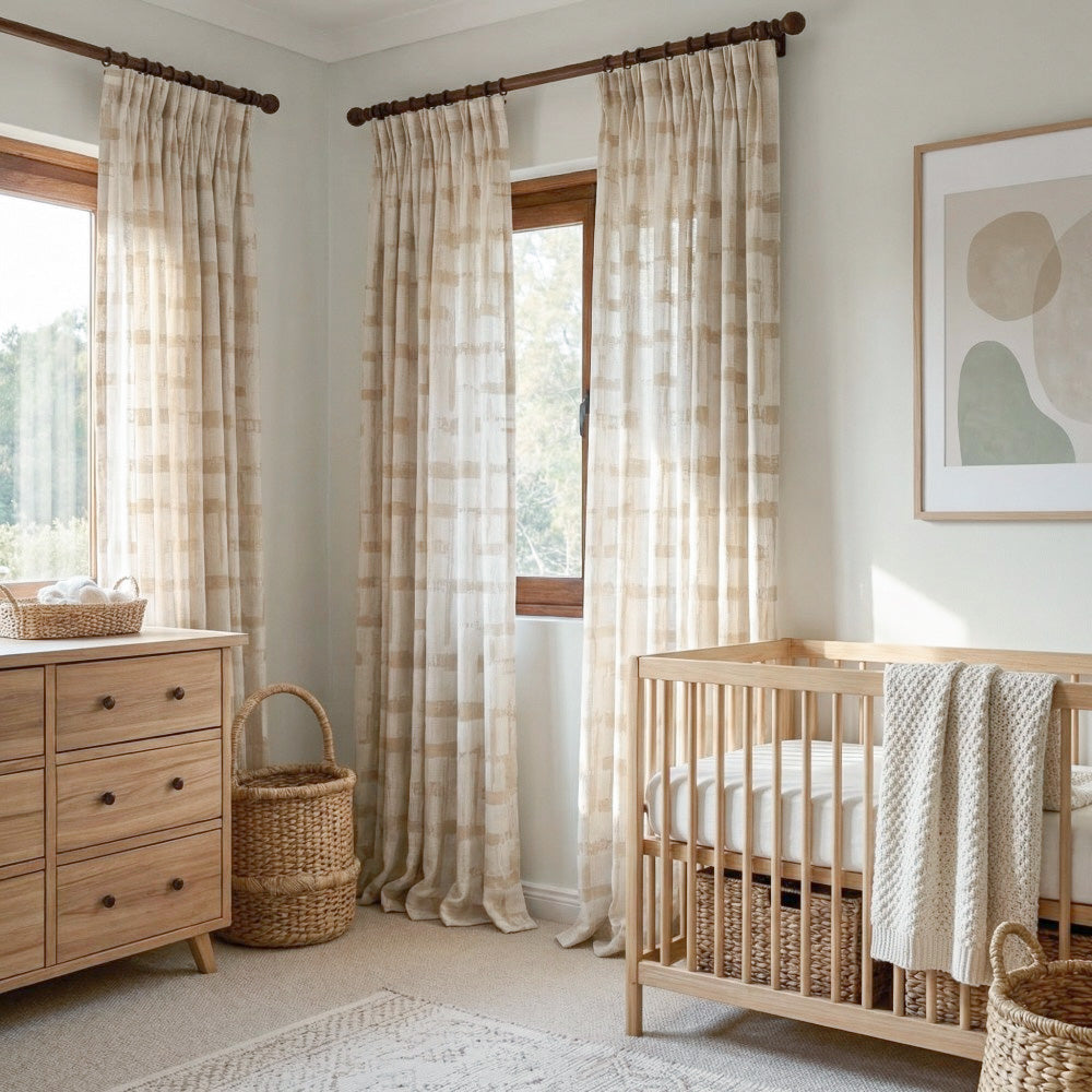 Chanda Beige Abstract Plaid Linen Sheer Curtains