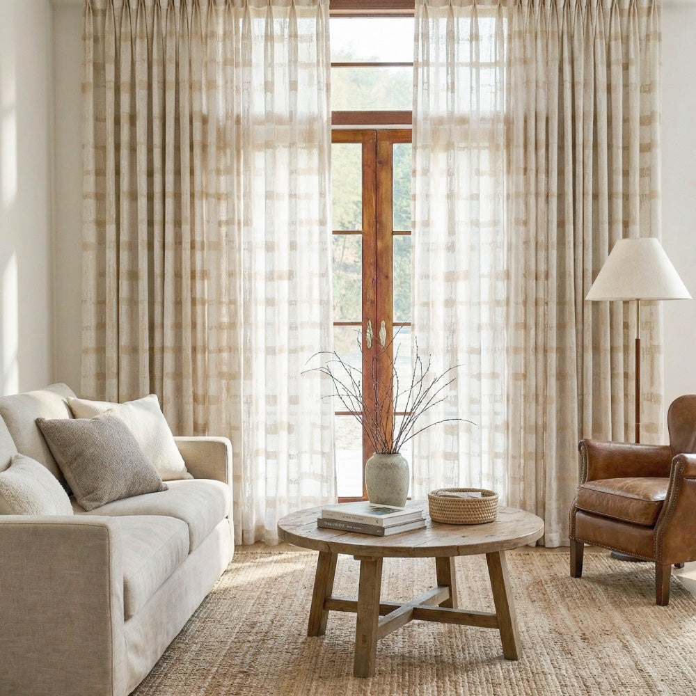 Chanda Beige Abstract Plaid Linen Sheer Curtains