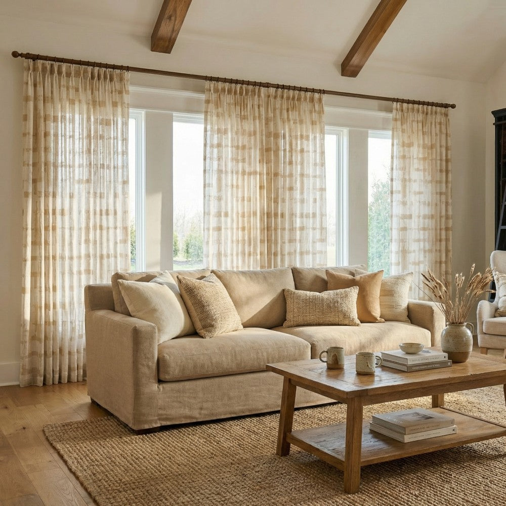 Chanda Beige Abstract Plaid Linen Sheer Curtains