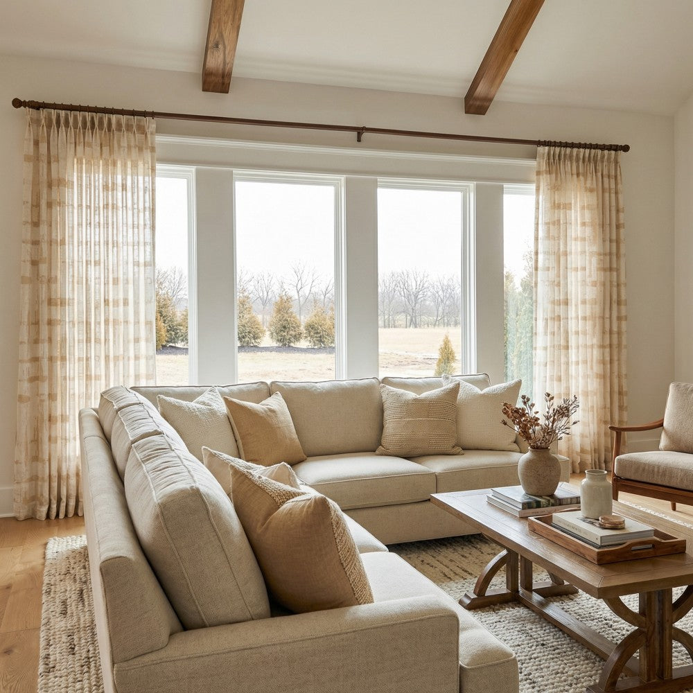 Chanda Beige Abstract Plaid Linen Sheer Curtains