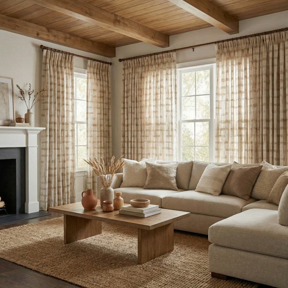 Chanda Beige Abstract Plaid Linen Sheer Curtains