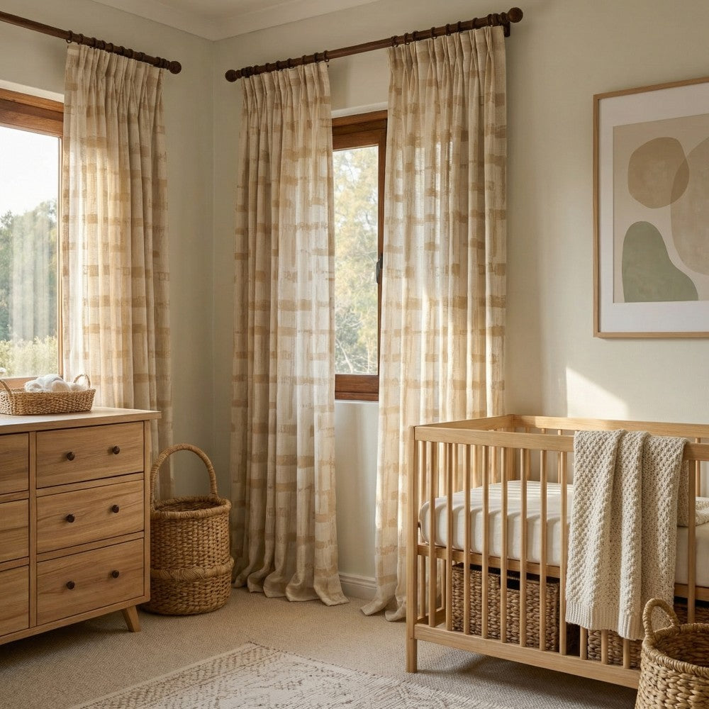 Chanda Beige Abstract Plaid Linen Sheer Curtains