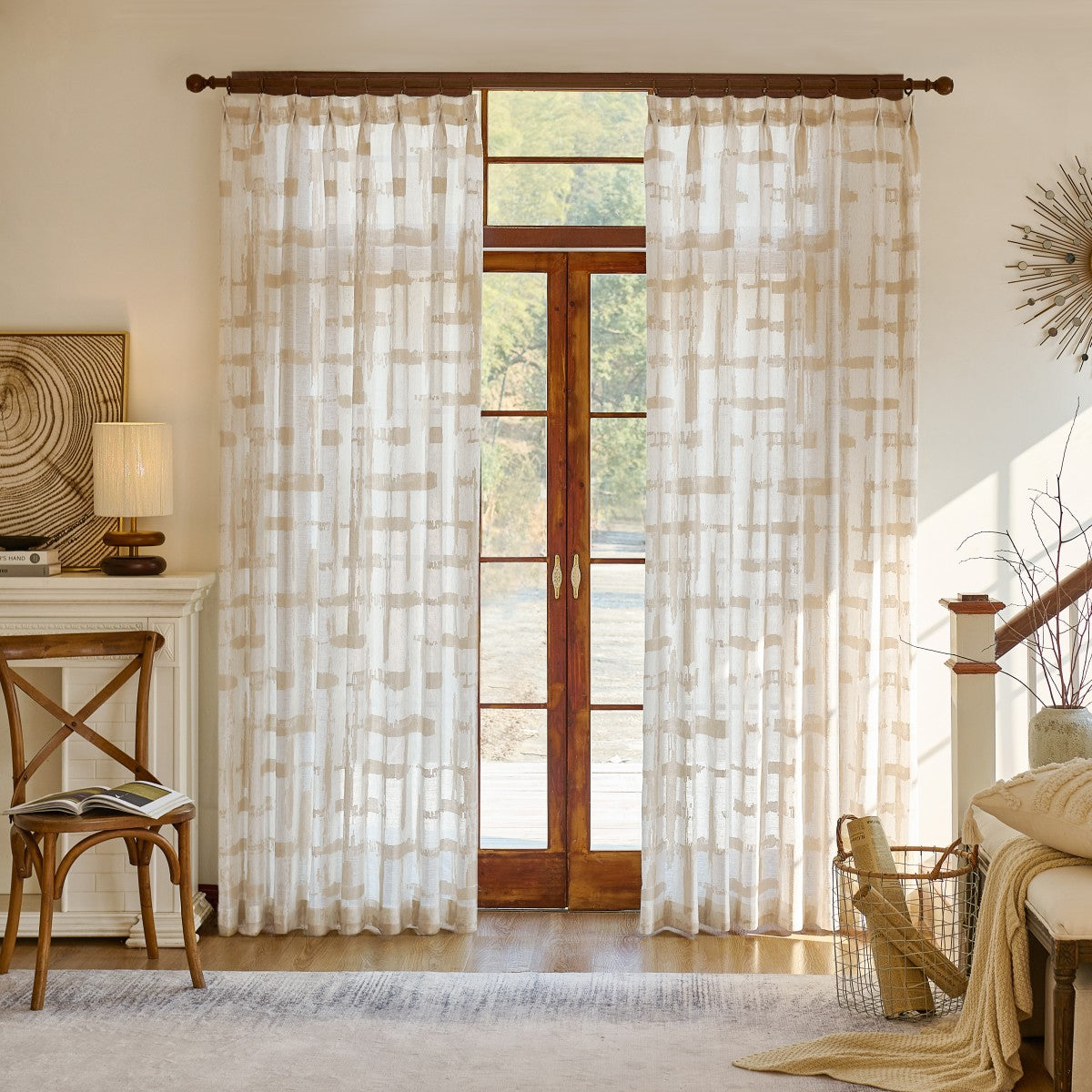 Chanda Beige Abstract Plaid Linen Sheer Curtains