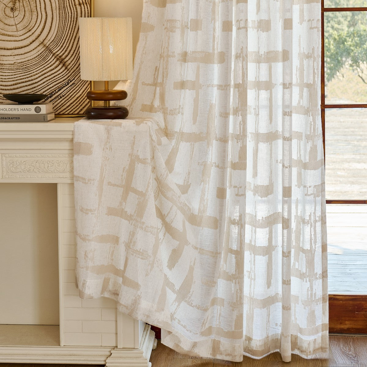 Chanda Beige Abstract Plaid Linen Sheer Curtains