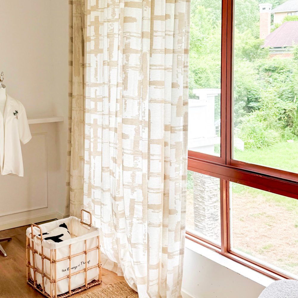 Chanda Beige Abstract Plaid Linen Sheer Curtains