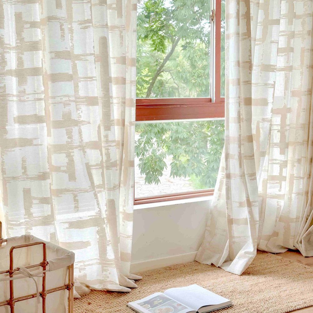 Chanda Beige Abstract Plaid Linen Sheer Curtains