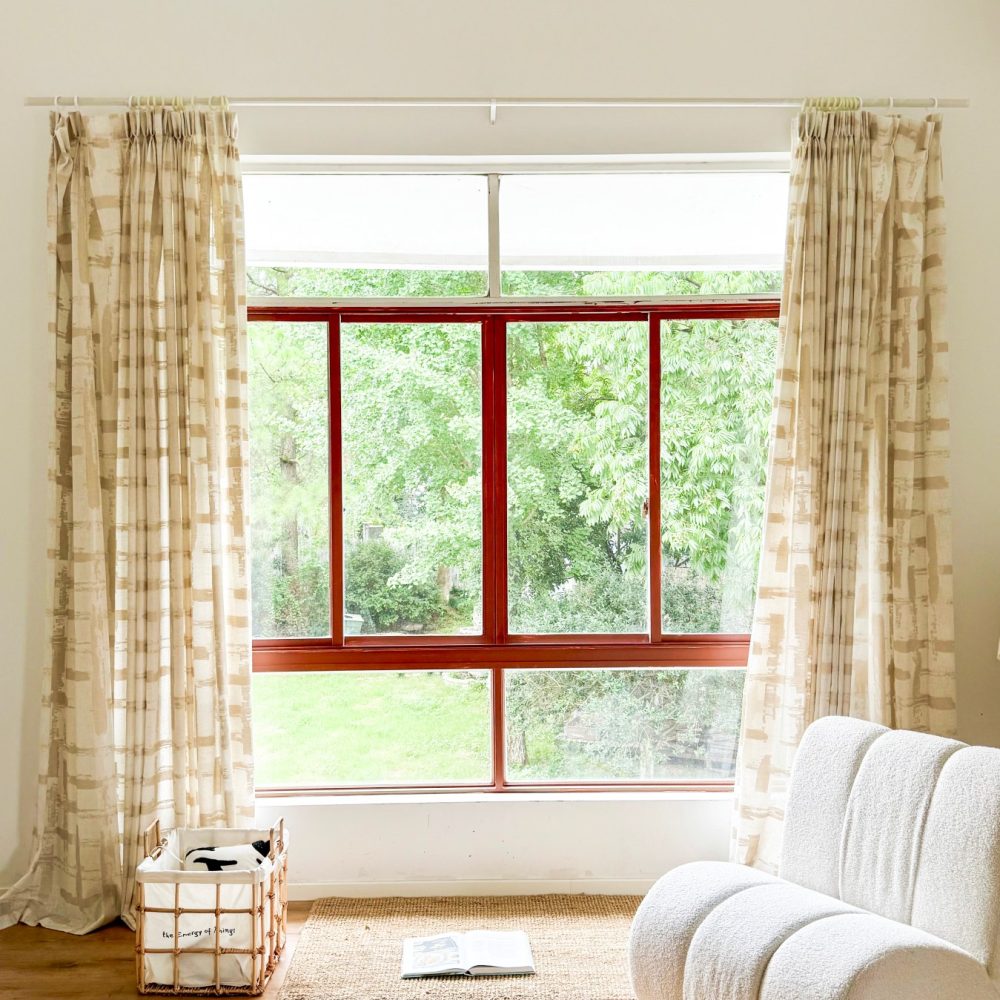 Chanda Beige Abstract Plaid Linen Sheer Curtains