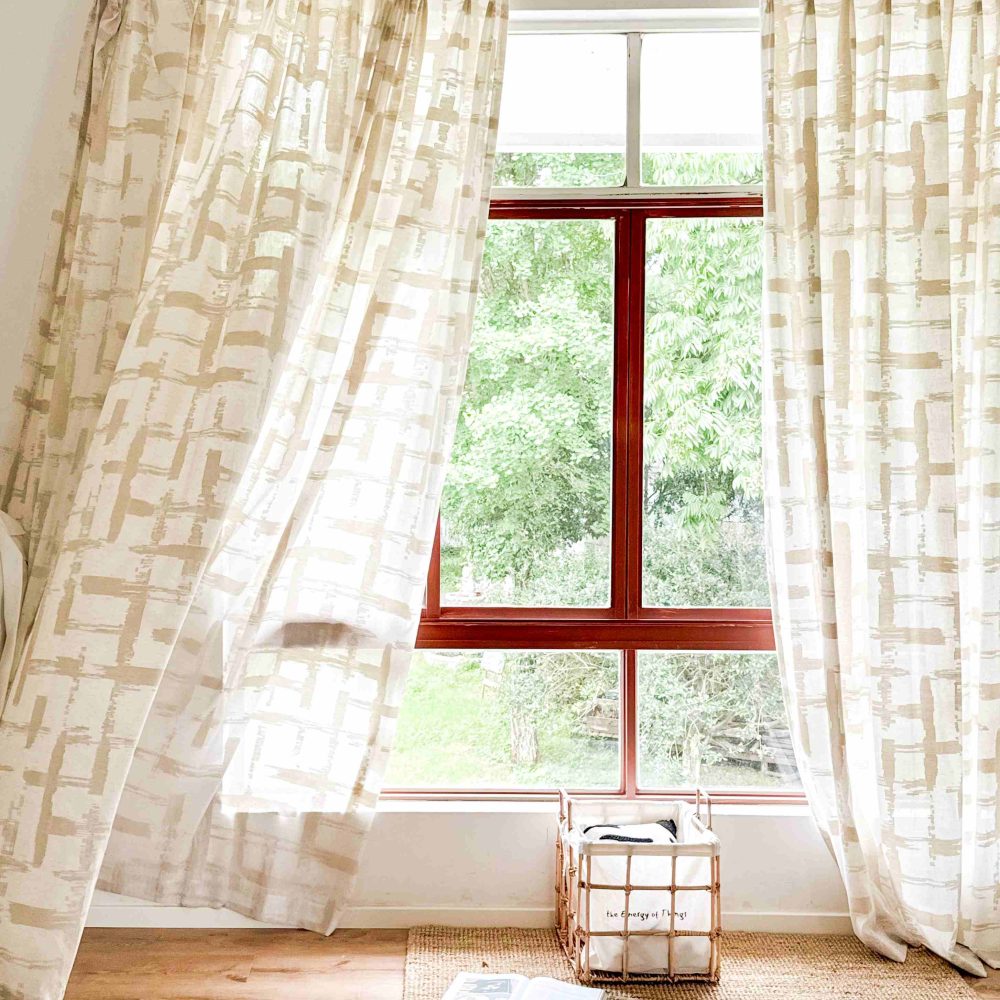 Chanda Beige Abstract Plaid Linen Sheer Curtains