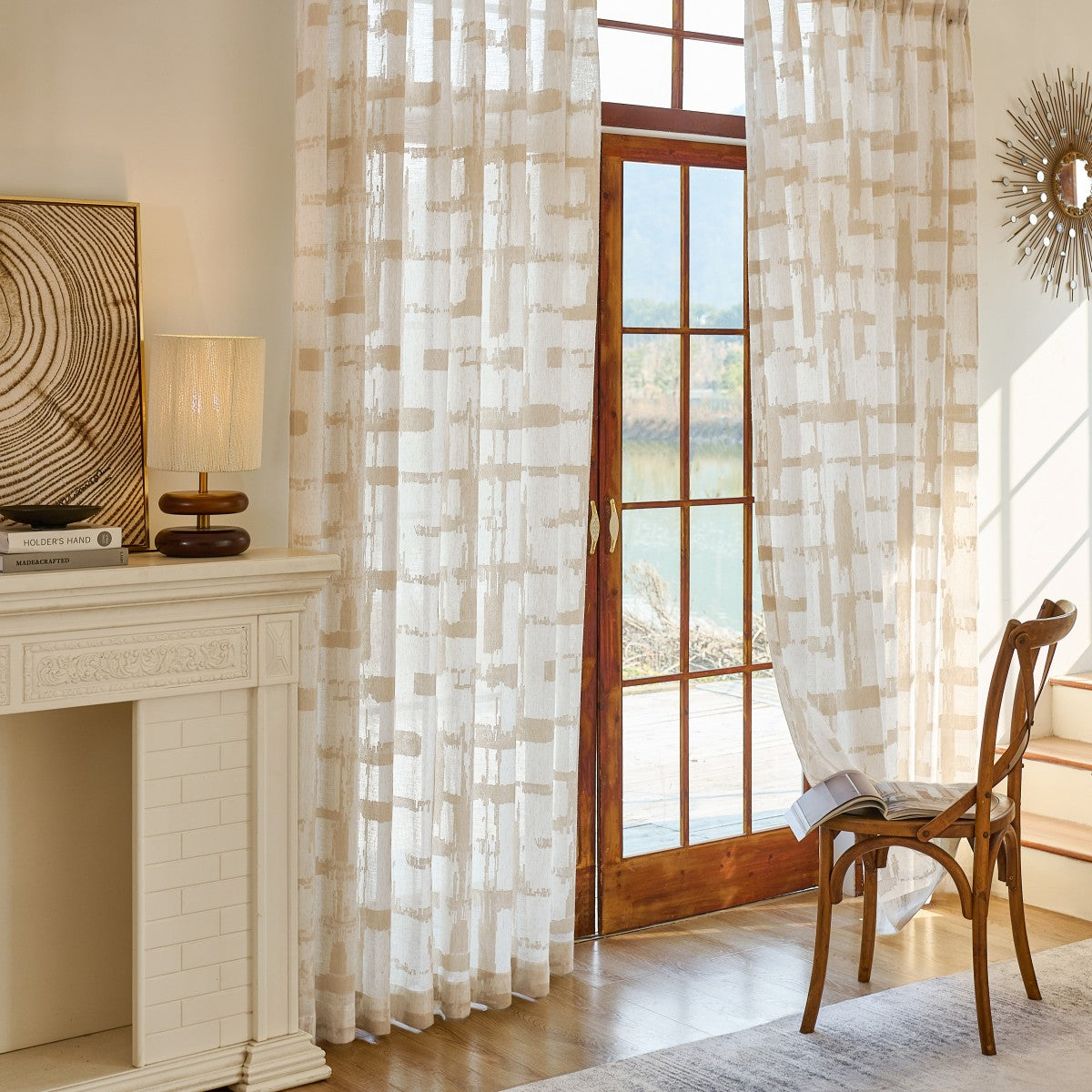 Chanda Beige Abstract Plaid Linen Sheer Curtains