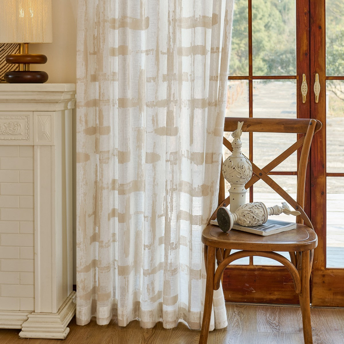 Chanda Beige Abstract Plaid Linen Sheer Curtains