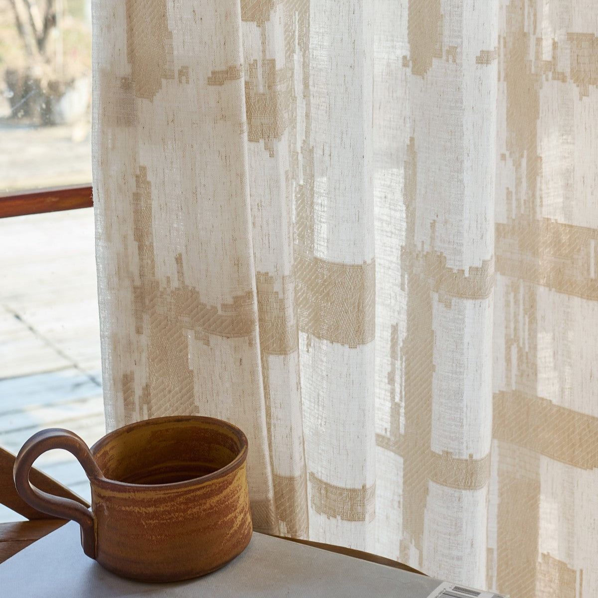 Chanda Beige Abstract Plaid Linen Sheer Curtains