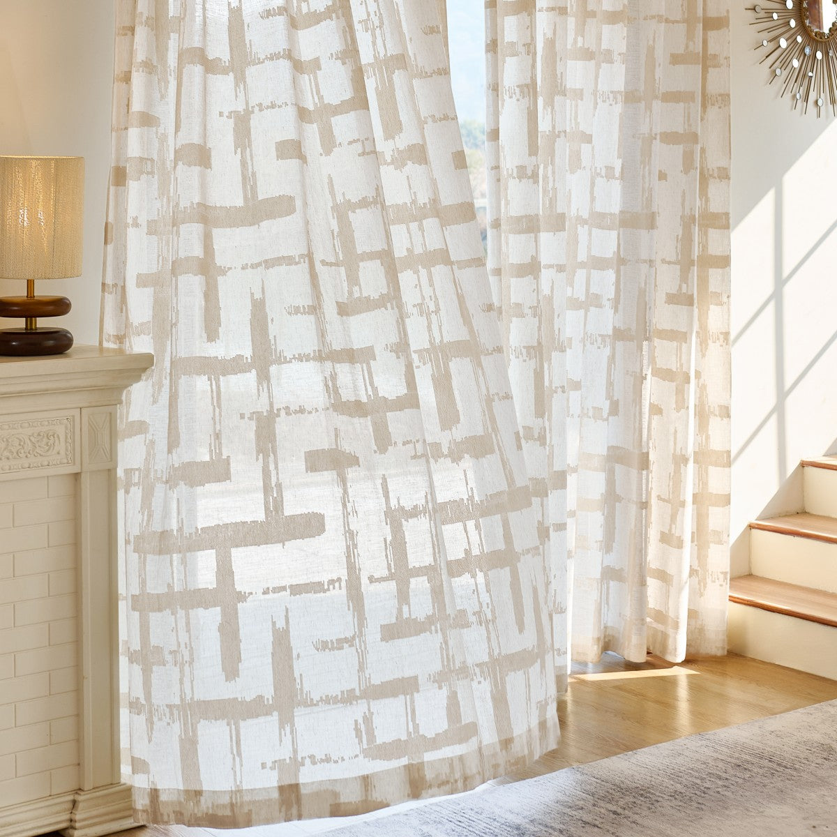 Chanda Beige Abstract Plaid Linen Sheer Curtains