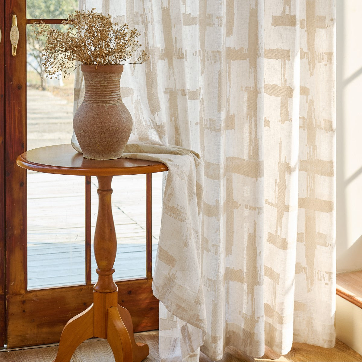 Chanda Beige Abstract Plaid Linen Sheer Curtains