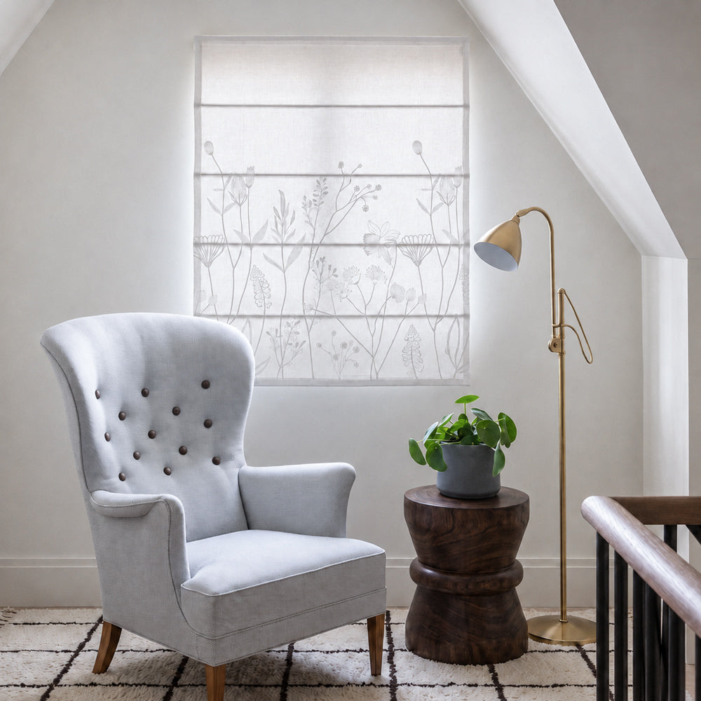 Chole White Floral Embroidered Linen Roman Shade