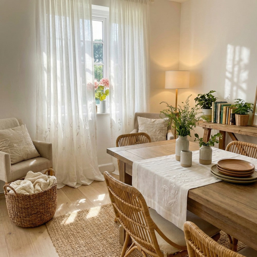 Chole White Bottom Floral Embroidered Sheer Curtains