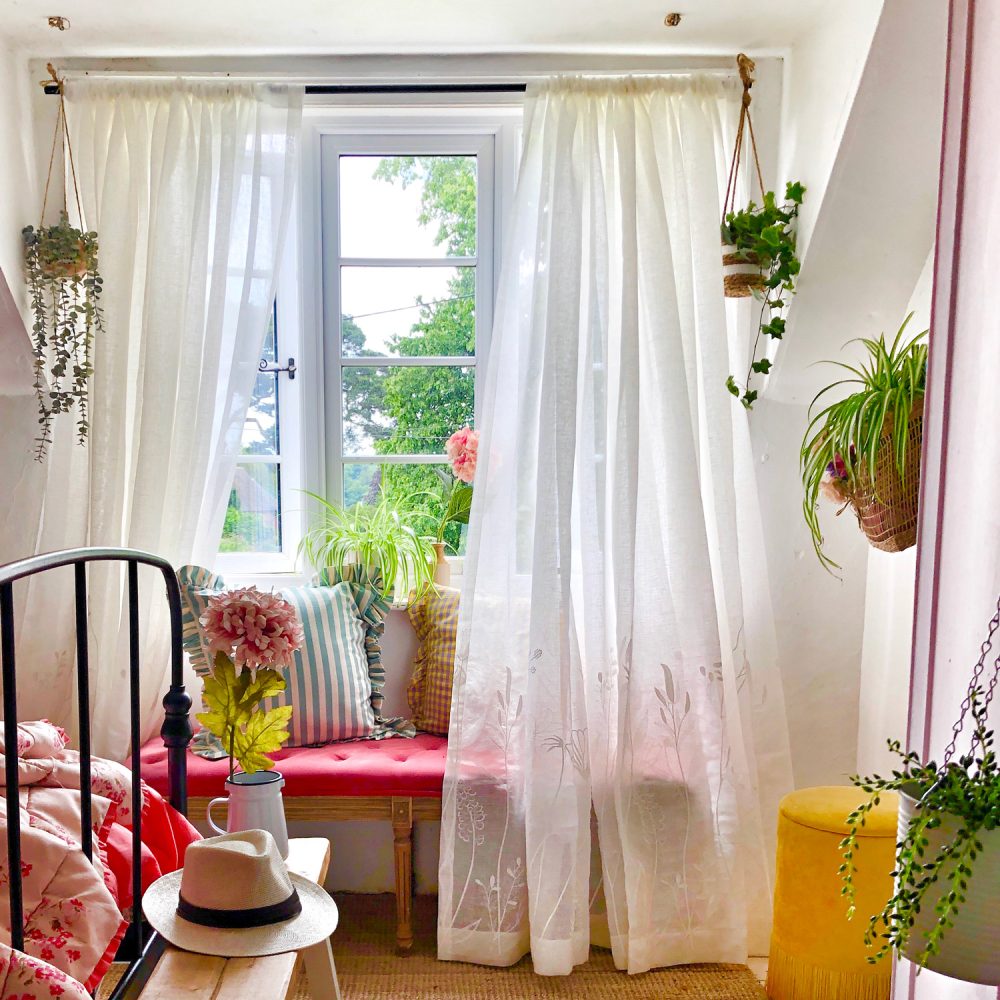 Chole White Bottom Floral Embroidered Sheer Curtains