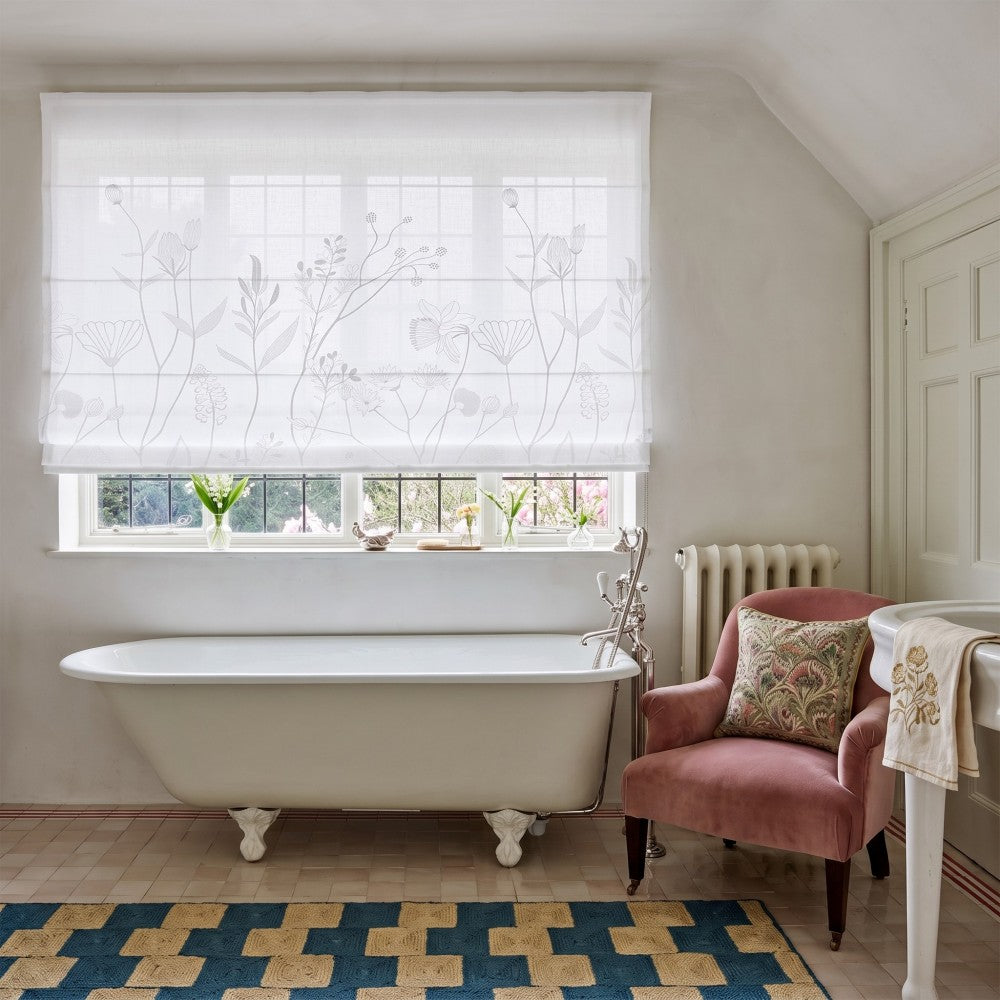 Chole White Floral Embroidered Linen Roman Shade